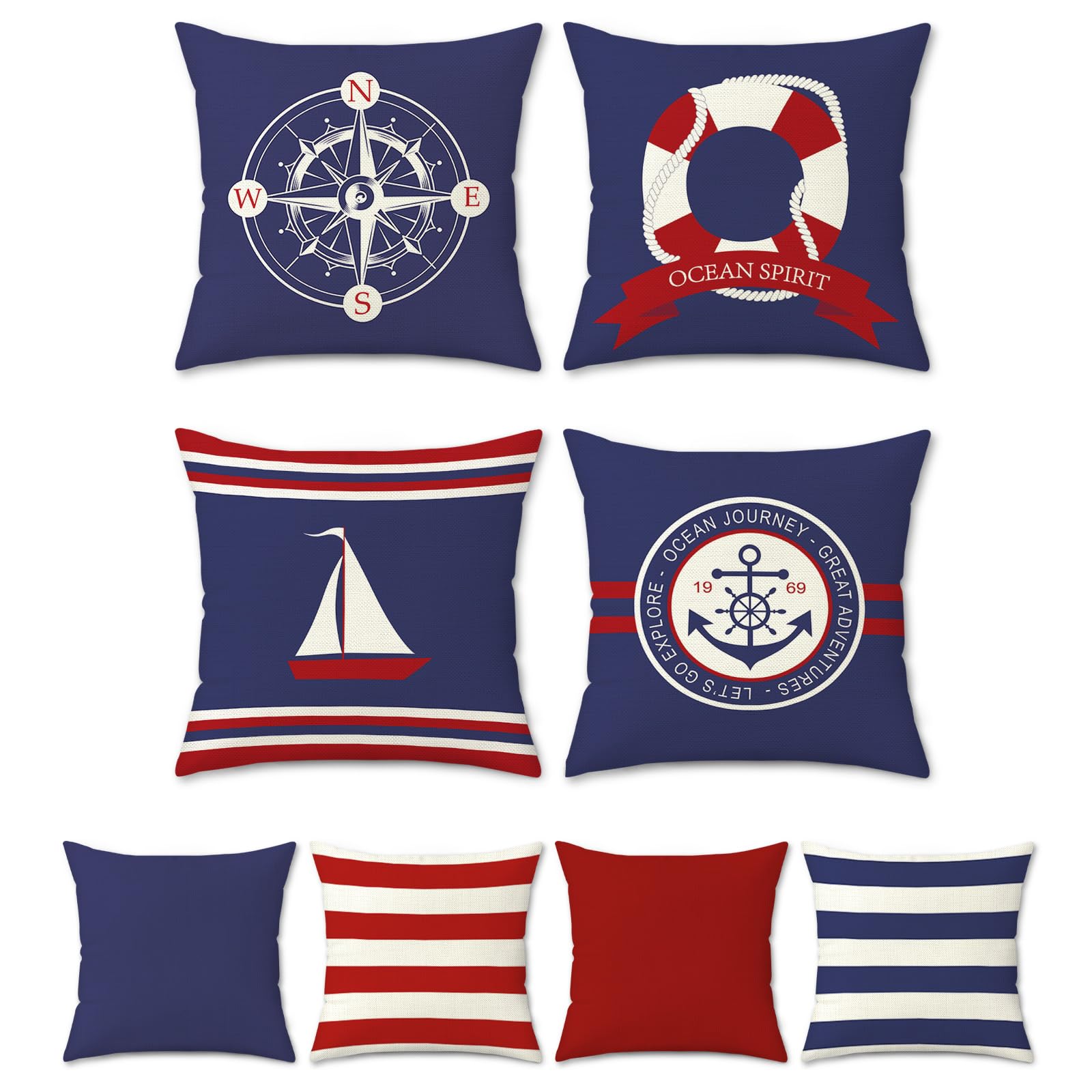 Bonhause Nautical Maritime Cushion Covers 45 x 45 cm Double Sided Compass Sailboat Anchor Decorative Throw Pillow Covers for Sofa Bed Indoor Outdoor Decor Set of 4