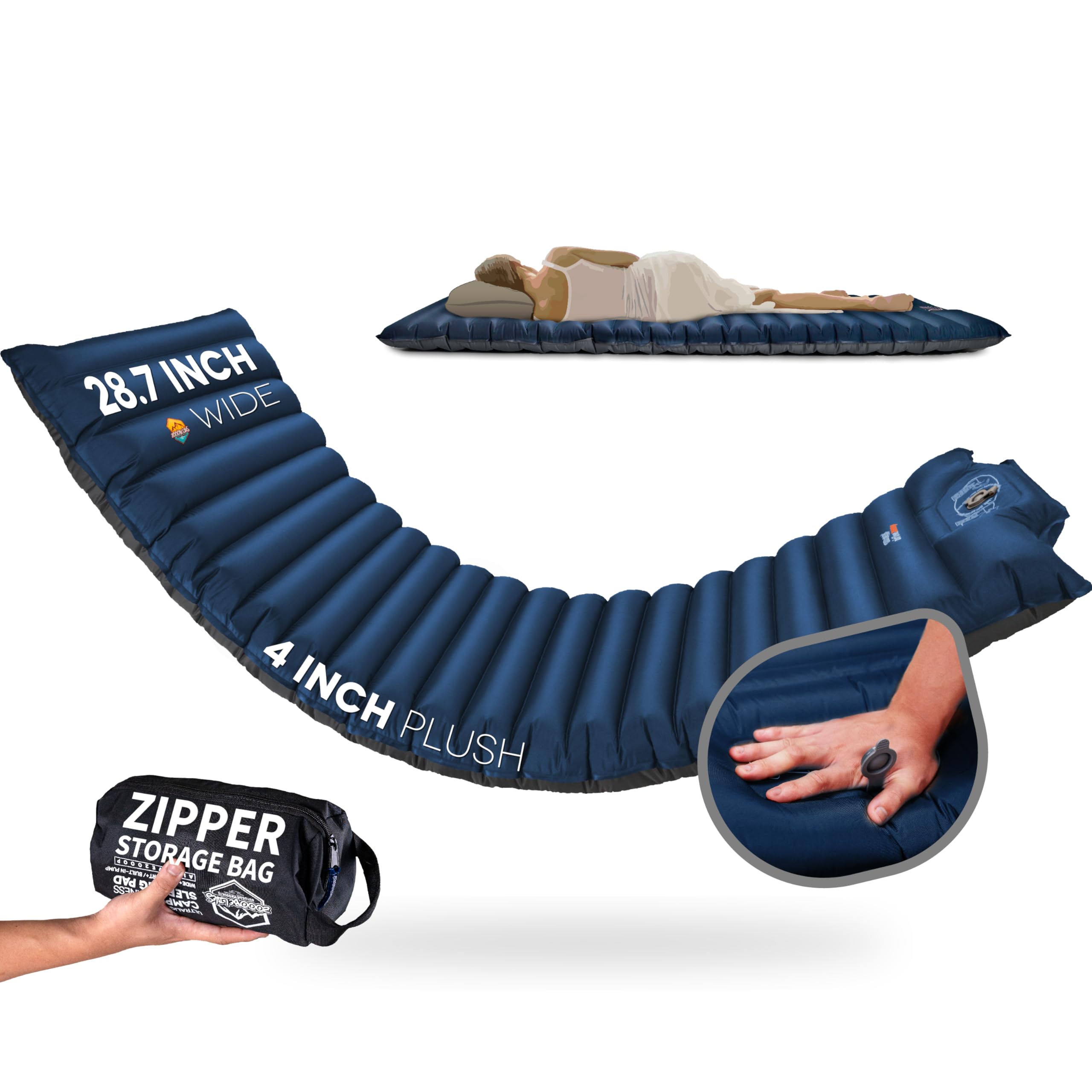 Photo 1 of ZOOOBELIVES Extra Thickness | Wide Plus Sleeping Pad with Built-in Pump, Inflatable Camping Mattress of Ultimate Comfort for Car Camping, Tent, and Backpacking, Lightweight & Compact – Airlive2000P
