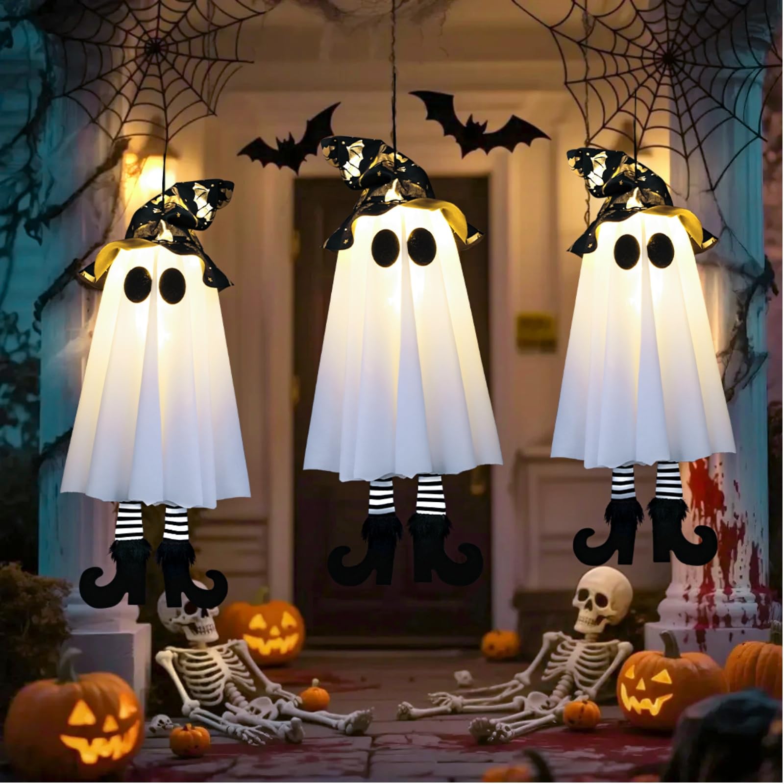 Photo 1 of 3 Pack Halloween Hanging Ghosts,Halloween Decorations Outdoor,19 inch Light Up Hanging Ghost with Witch Hat for Yard Patio Garden Tree