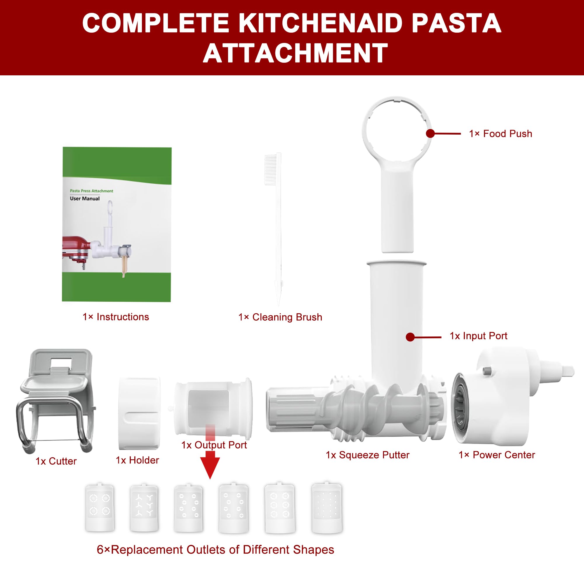 6 in 1 Pasta Attachment for Kitchenaid Stand Mixer, Durable Pasta Maker Attachment for Easy Homemade Fresh Noodles with 6 Different Shapes Pasta Outlet & Cleaning Brush, Dishwasher Safe