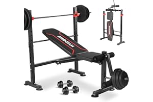 MAIDOMA 1500LB 8 IN 1 Weight Bench with Lat Pulldown and Leg Extension/Curl, Foldable Bench Press with Preacher Curl & Rack, Workout Benches with Safety Bar Catches for Home Gym(US Stock)