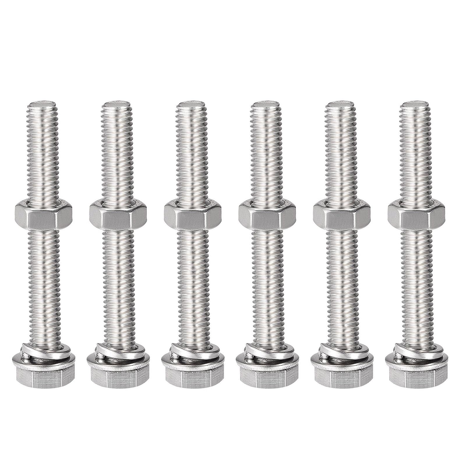 TOP-VIGOR 6Pcs M8 x 60mm Hex Head Screws Bolts, Nuts, Flat & Lock Washers Kits, 304 Stainless Steel Fully Thread Hexagon Bolts for DIY Bike Motorcycles Repair