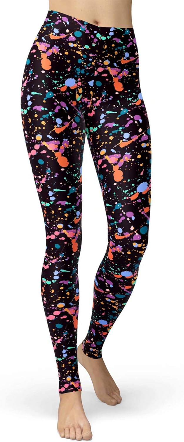 sissycos Women's Artistic Splash Printed 80s Leggings Brushed Buttery Soft Pants Regular and Plus Size: Clothing