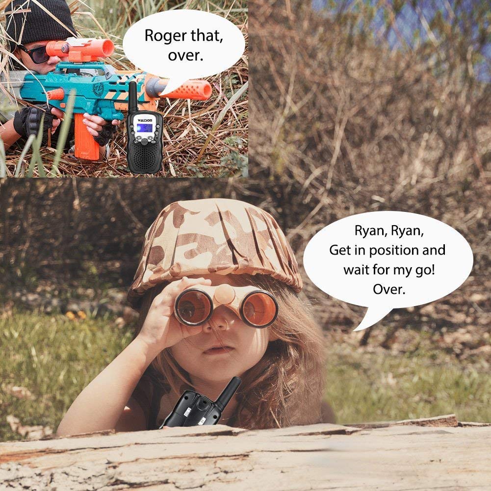 WALTSOM Kids Walkie Talkies, 2 Pack Portable T388 3KM Long Rang UHF Radio 22 FRS and GMRS Walky Talky for Camping/Summer Camp/Spring Outing Indoor Outdoor Activities, Best Gift for Child (Black)