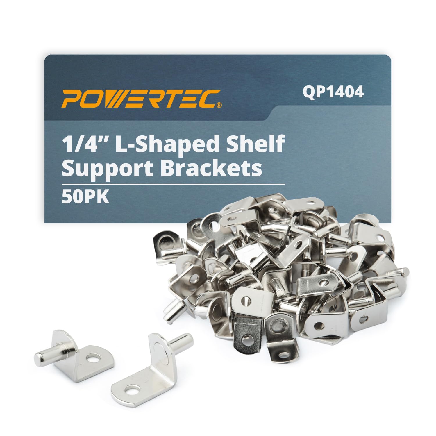POWERTEC QP1404 1/4 Inch 50 pcs, L-Shaped Bracket with Hole Pins Support Shelves, Kitchen Cabinet, Bookshelf, Closet and Furniture, Nickel Plated Shelf Holders Pegs, Silver