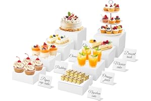 THMINS 8 Pcs White Buffet Risers with Mini Signs,Acrylic Food Risers for Buffet Table,Display Stand for Dessert,Jewelry,Figures show,Cube Display Base with Hollow Bottoms (2set 6",6.5",7",8")