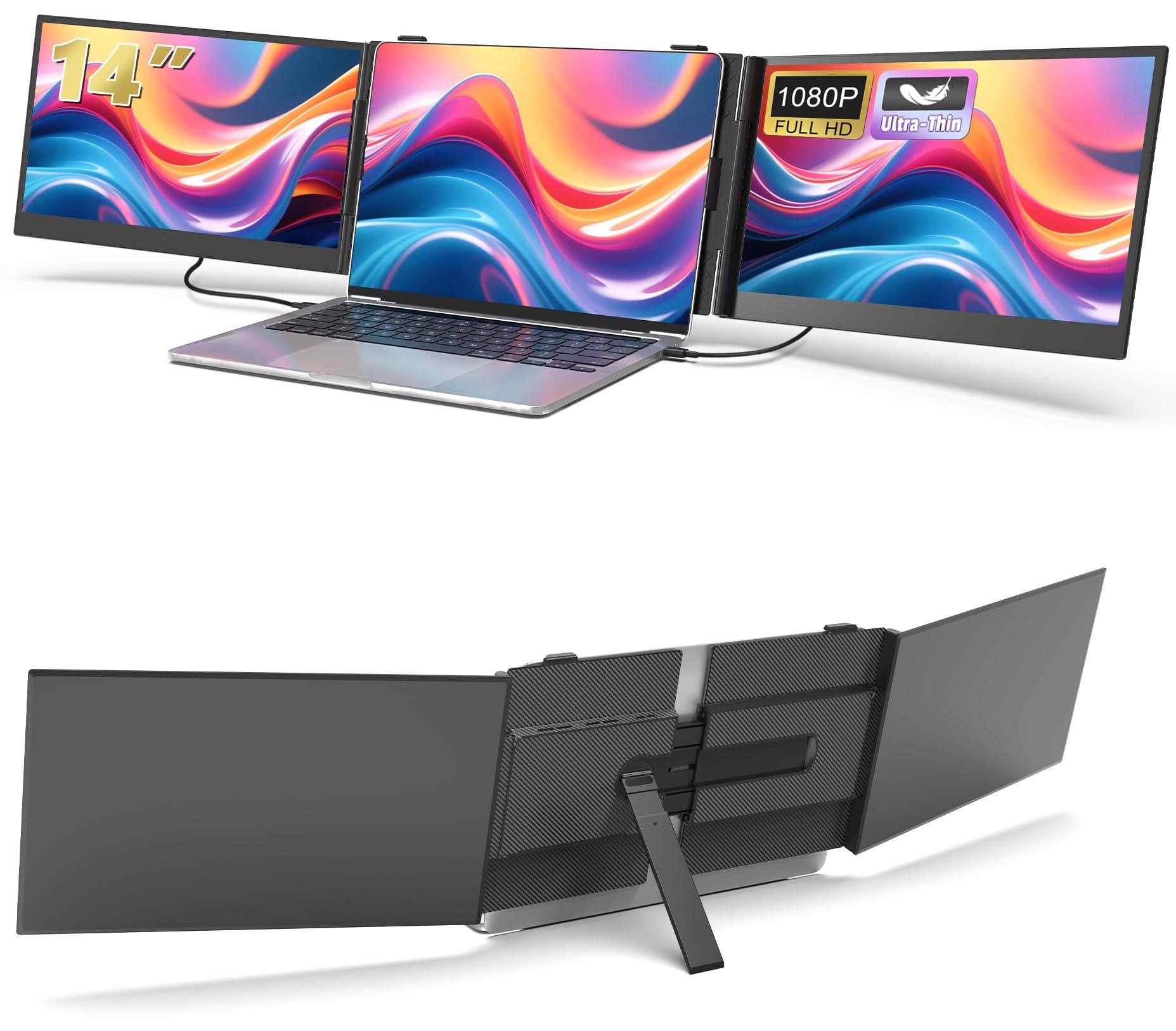 Photo 1 of 14" Triple Laptop Screen Extender, 1080P FHD IPS Ultra-Slim Portable Dual Monitor for Laptop, USB C HDMI Plug-Play Monitor Extender for Triple Display for MacOS/Windows, Fits 13-17.3" Laptops