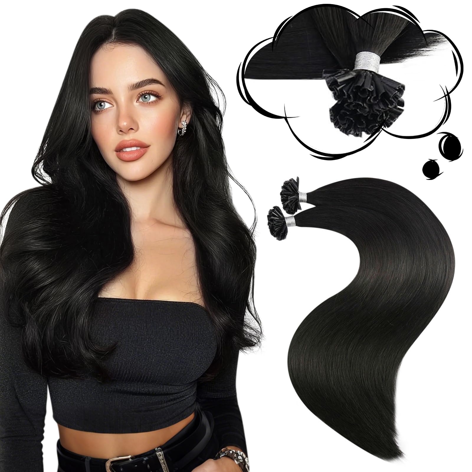 Moresoo U Tip Hair Extensions Real Human Hair 18 Inch Off Black for Women Hot Fusion Pre Bonded Hair Extensions Natural Black Remy Straight Hair 1g/s 50g/Pack #1B — image 1
