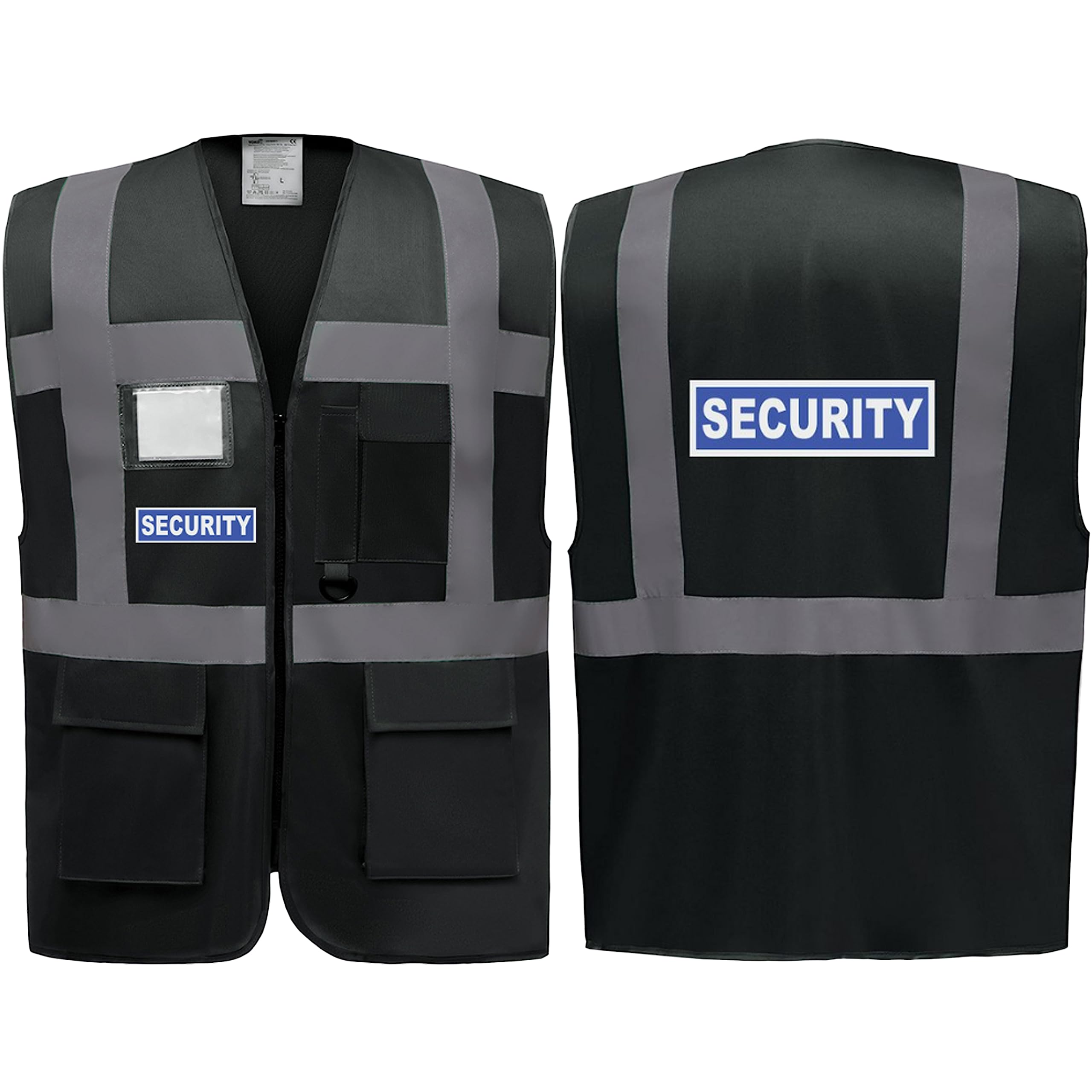 Hi Vis Vests - Security Comfortable High Visibility Vest Made of Durable Polyester - BLACK Zipped High Vis Vests with Reflective Vinyl Banding, Pockets, & ID Badge - Brook Hi Vis, 4X Large 56-58”