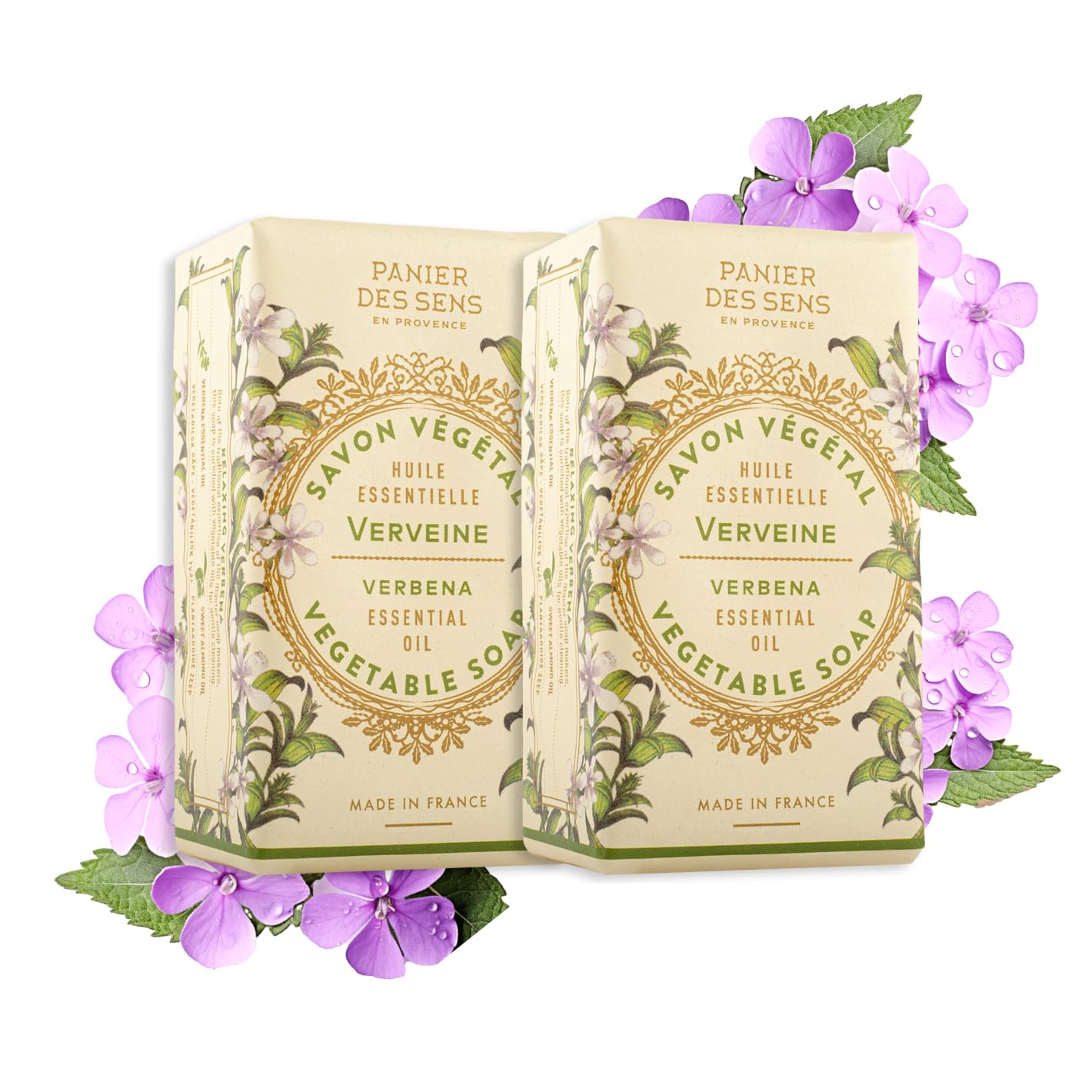 Panier des Sens Verbena Soap Bar 2x150g - Moisturizing Gentle Scented Bar Soap with Sweet Almond - 97% Natural Ingredients Made in France - Vegan Body Wash for All Skin Types