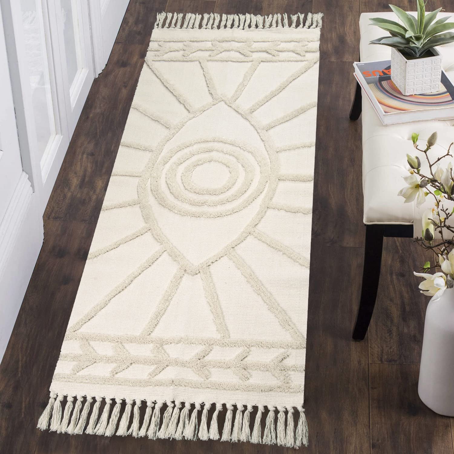 Photo 1 of Uphome Boho Runner Rug 2'x5' Beige Evil Eye Tufted Kitchen Rug Runner with Tassels Soft Cotton Washable Eclectic Farmhouse Accent Rug for Hallway Bathroom Living Room Laundry Room