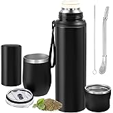 Suclain 3 Pcs Complete Yerba Mate Kit 12 oz Yerba Mate Gourd and Bombilla Set, 34 oz Stainless Steel Thermal Water Bottle with Tea Can, Straw Brush(Black)