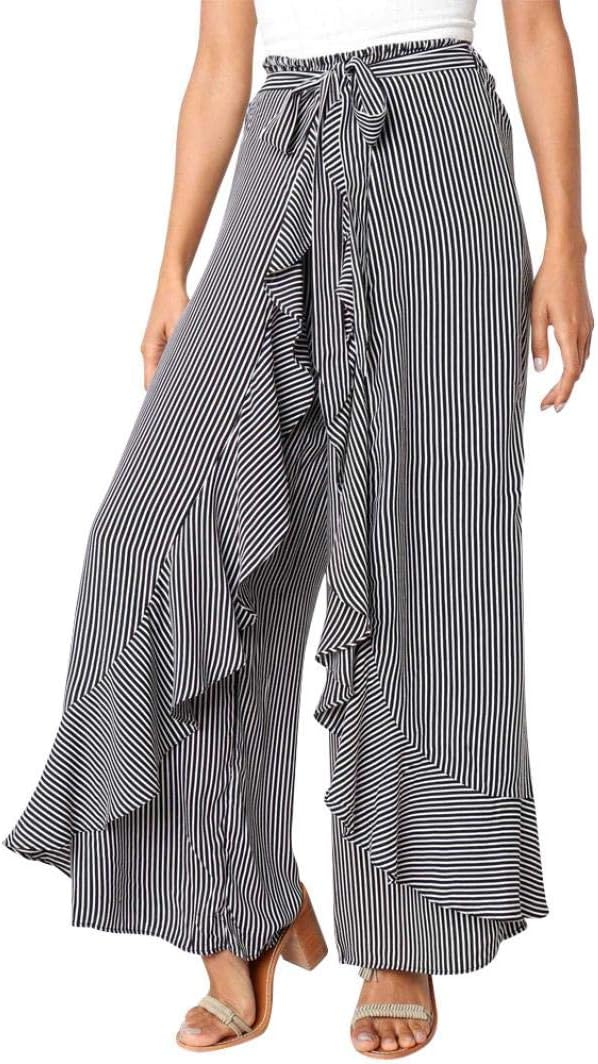 Realdo Women Striped Long Trousers, Ladies Casual Ruffle High Waist Wide Leg Pants
