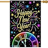HOMETITUTE Happy New Year House Flag 28x40 Inch Colorful Fireworks and Clock Design Garden Flag Outdoor Yard Decoration Rainbow Holiday Banner for Home Porch Lawn