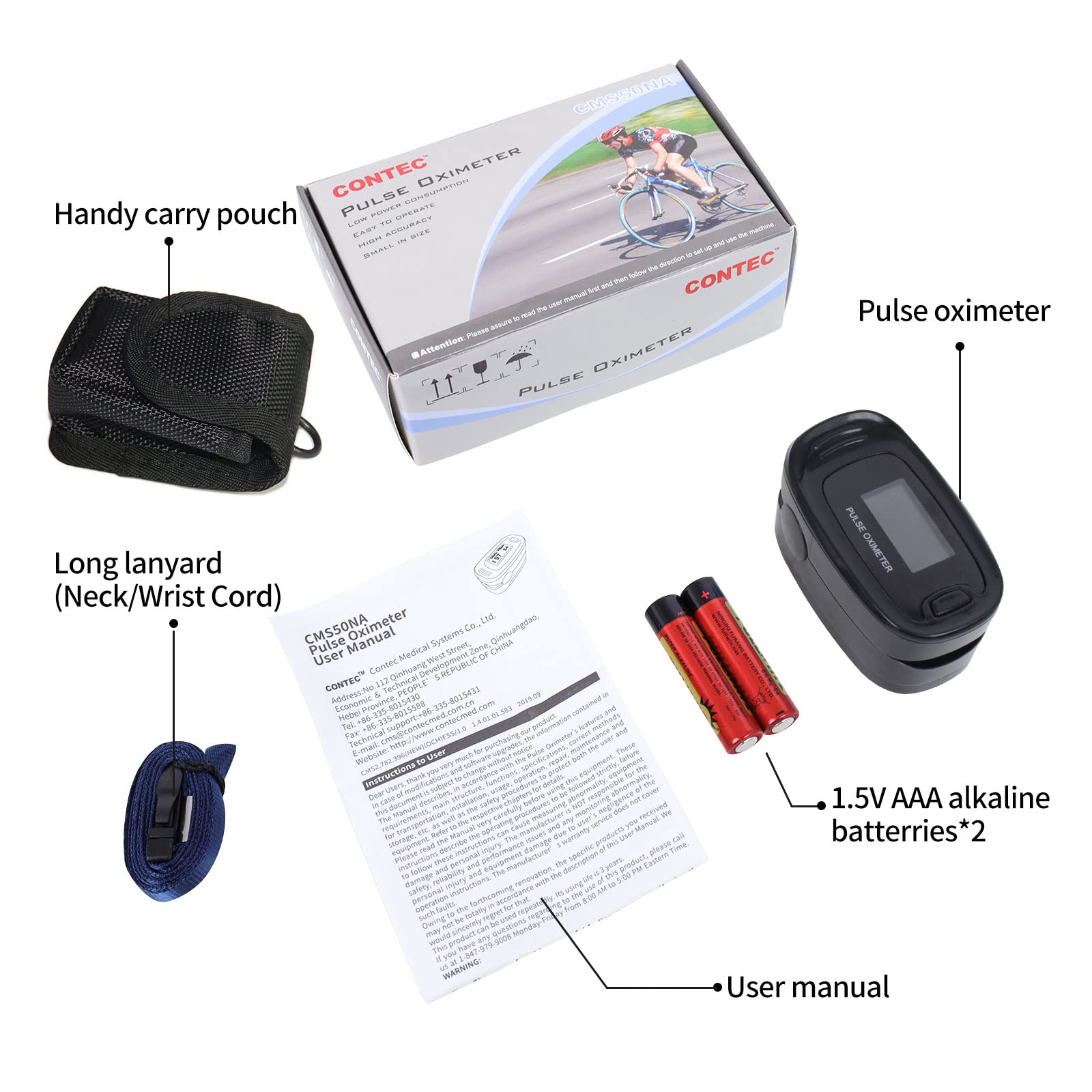 CONTEC CMS50NA Pulse Oximeter Fingertip Blood Oxygen Saturation Monitor SpO2 and PR Value Waveform Blood Oxygen Neck/Wrist Corda, Black