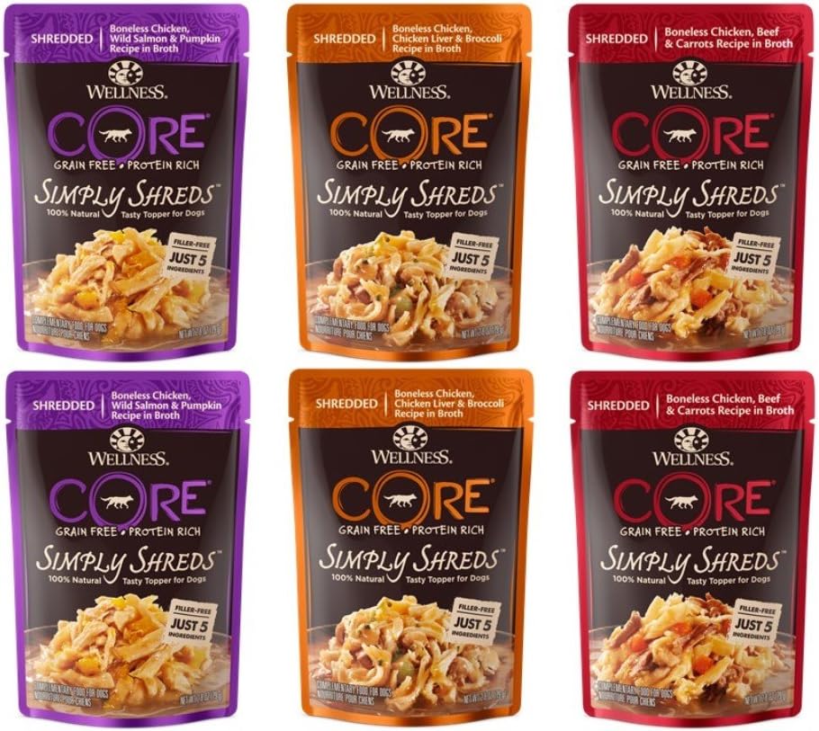 Wellness Core Simply Shreds Grain Free Dog Tasty Topper 3 Flavor 6 Pouch Variety Bundle, 2 each: Chicken Salmon Pumpkin, Chicken Liver Broccoli, Chicken Beef Carrots, 2.8 Ounces
