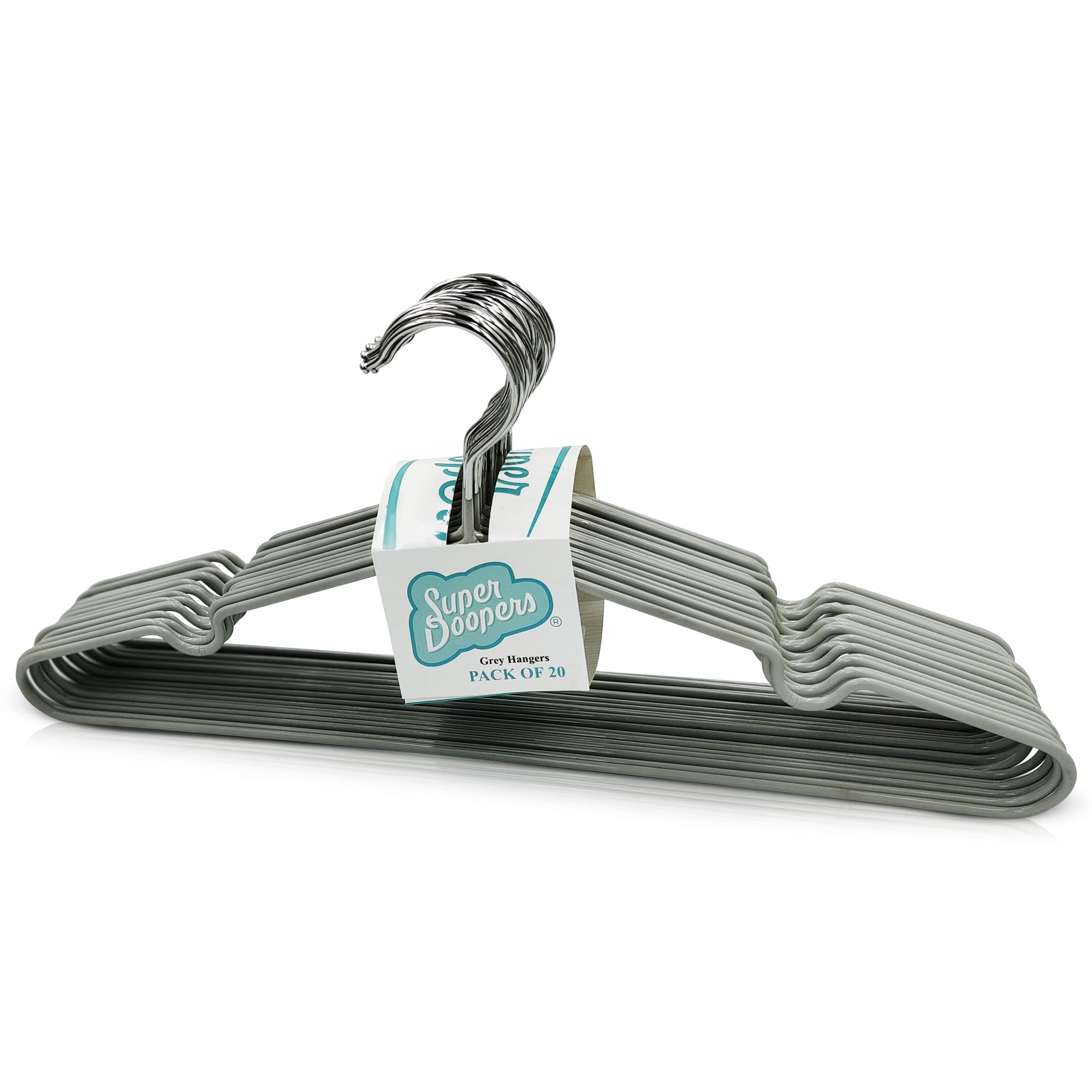 Super Doopers PVC Coated Metal Hangers - Metal Wire Hangers with Non-Slip Notches - Heavy Duty, Slim & Space-Saving Storage Holders for Clothes, Coats, Shirts - 40.5cm Long, 18cm Tall - Grey, 20-Pack