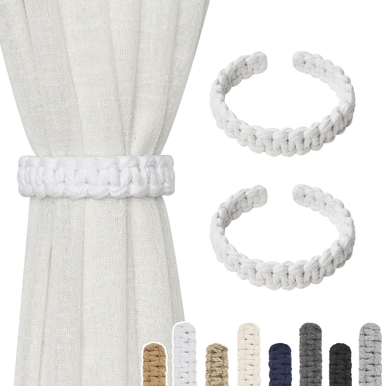 Pretty Jolly 2 Pack Natural Cotton Rope Curtain Tiebacks Farmhouse Rustic Style Decorative Drape Tie Backs Handmade Braided Curtain Holdbacks for Home Sheer/Light Weight Drapery (C-White-S)