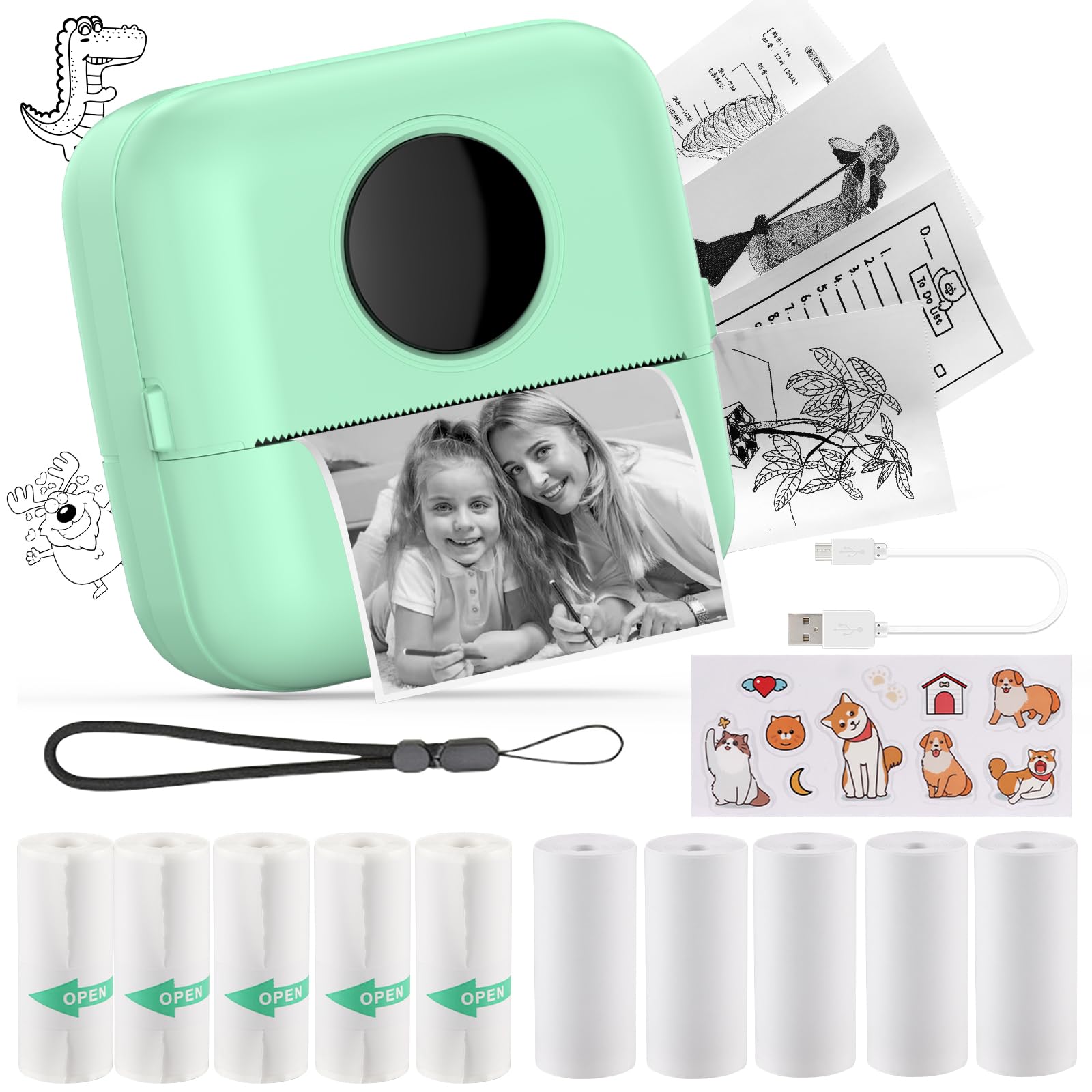 HuiJuKeJi Mini Sticker Printer Pocket Inkless Thermal Printer with 11 Rolls Thermal Paper and Sticker for iOS&Android, Bluetooth Smart Portable Receipt Printer for Photo Journal Notes Memo-Green