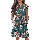 HOSIKA Girls Floral Dress Boho Ruffle Sleeve Pleated Casual Swing Dresses with Pockets for Kids 6-12 Years