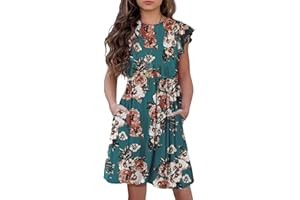 HOSIKA Girls Floral Dress Boho Ruffle Sleeve Pleated Casual Swing Dresses with Pockets for Kids 6-12 Years