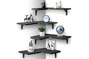 EACHPAI Floating Corner Shelves for Wall Décor Storage, Wall Shelves Set of 4, Wall Mounted Wood Shelves for Home Decor, Bedroom, Living Room, Bathroom, Kitchen, Office (Black)…