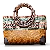 QTKJ Straw Bag, Beach Bag for Women, Handmade Rattan Handbag, Boho Retro Woven Tote Bag Round Bamboo Handle, Summer Bag for Beach Vacation Daily
