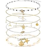 FEYIR 5 Pcs Beach Necklace for Women Sea Shell Starfish Charm Necklace Boho Seashell Ocean Beachy Summer Necklaces Set