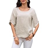 vinglam Women's 100% Linen Tops 3/4 Sleeve with Button Crewneck 2026 Summer Trendy Blouses Shirt