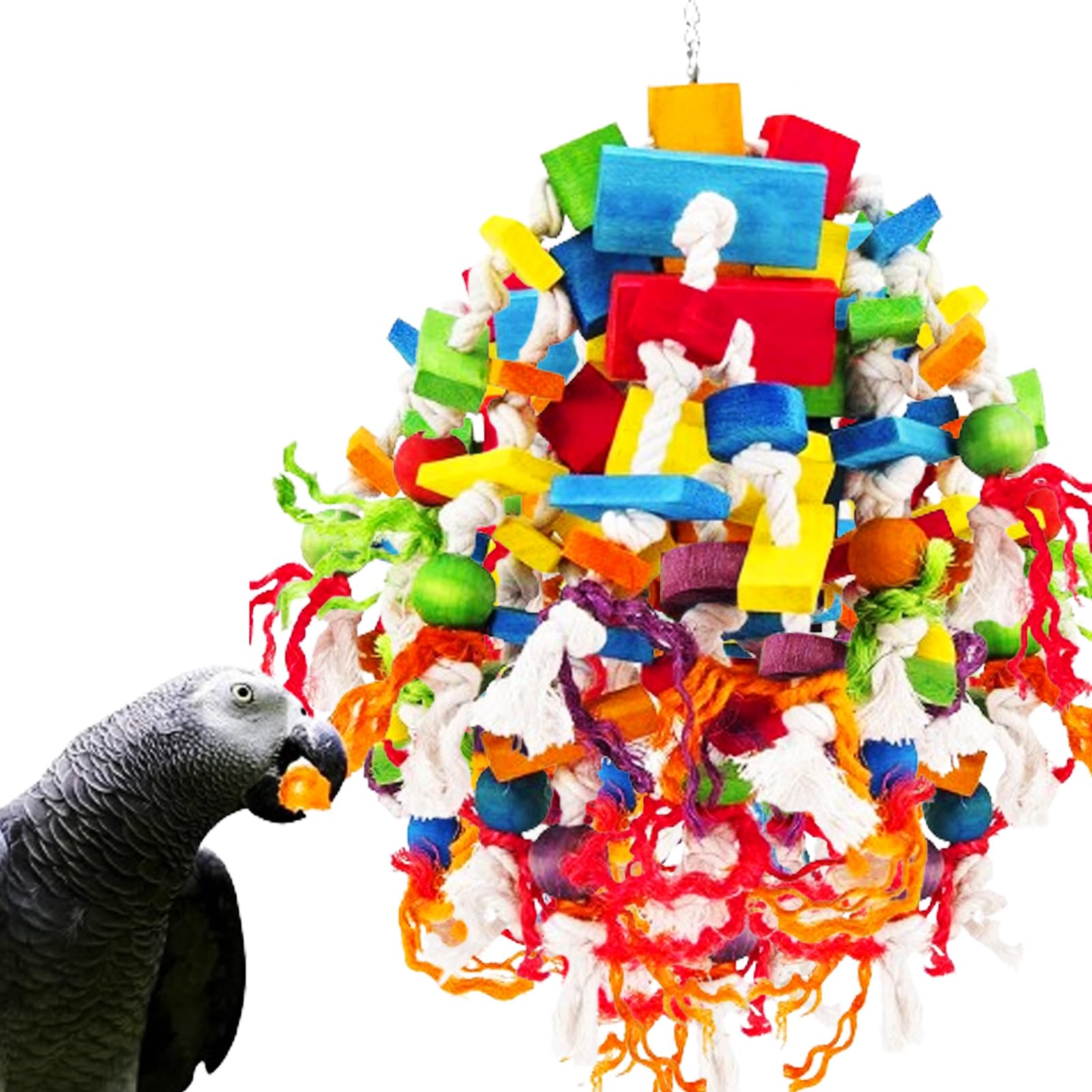 MQUPIN Large Parrot Toys, Strong Chewing Wooden Blocks Parrot Cage Bite Toy for Large Medium Birds Macaws African Grey
