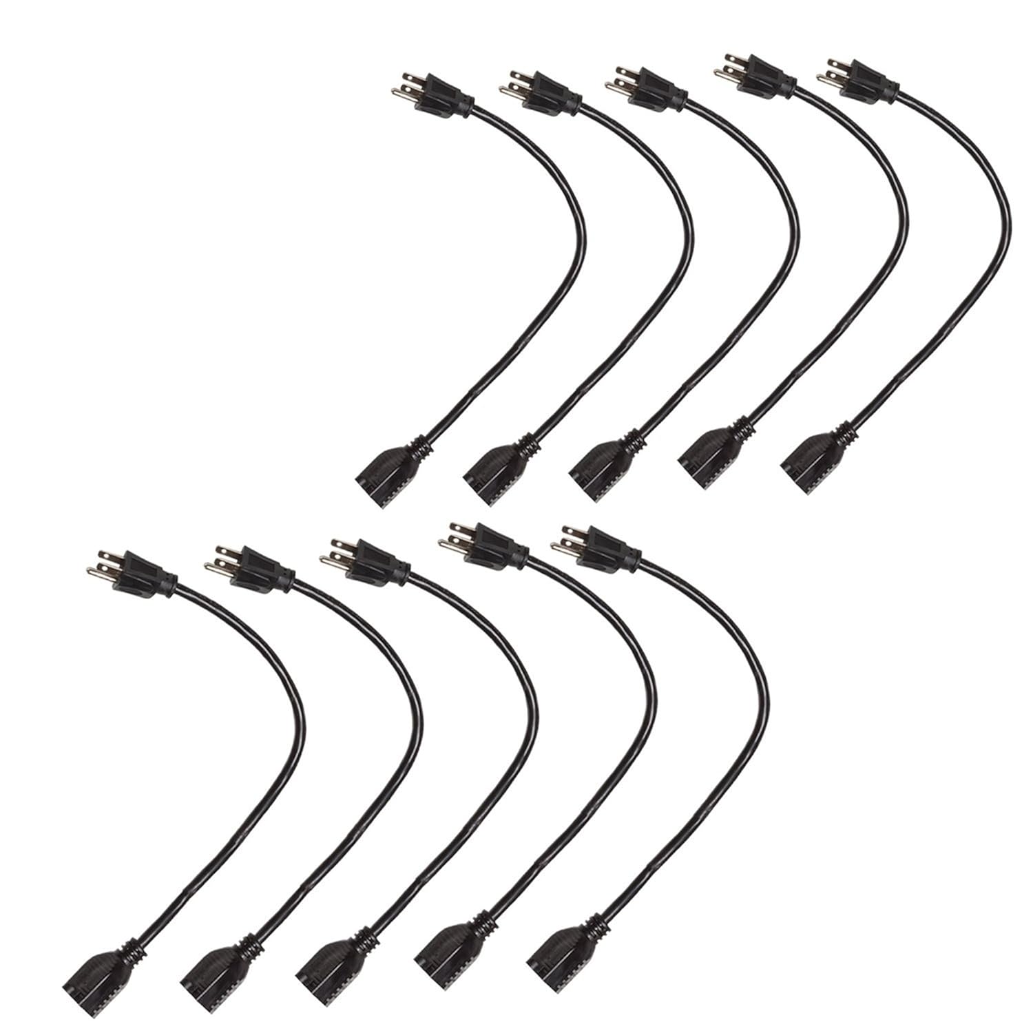 10 Pack of 1 Foot Black Extension Cords 16/3 SJT Electrical Extension
