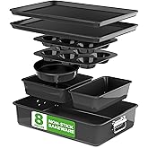NutriChef 8-Piece Stackable Nonstick Bakeware Set - Premium Steel Baking Pans Set - Includes Round Cake Pan, 6-Cup Muffin Pans, Wide/Square Brownie & Loaf Pans, Cookie Sheet, & Roaster Pan (Black)