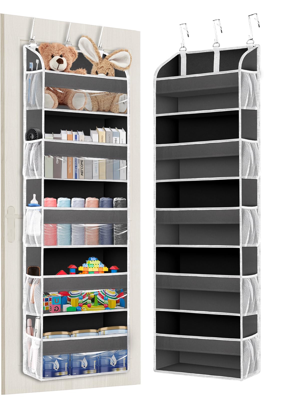TAHAVICE Over The Door Storage Organiser, Hanging Storage Organiser with 5 Clear Window Pockets, Back of Door Storage for Small Spaces, Bedroom, Toys and Clothes(Grey)