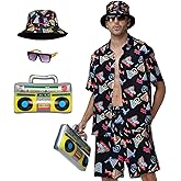 80s 90s Oufit for Men - 80s Themed Party Costume, Retro Hip-Hop Party Hawaiian Shirts and Short Set