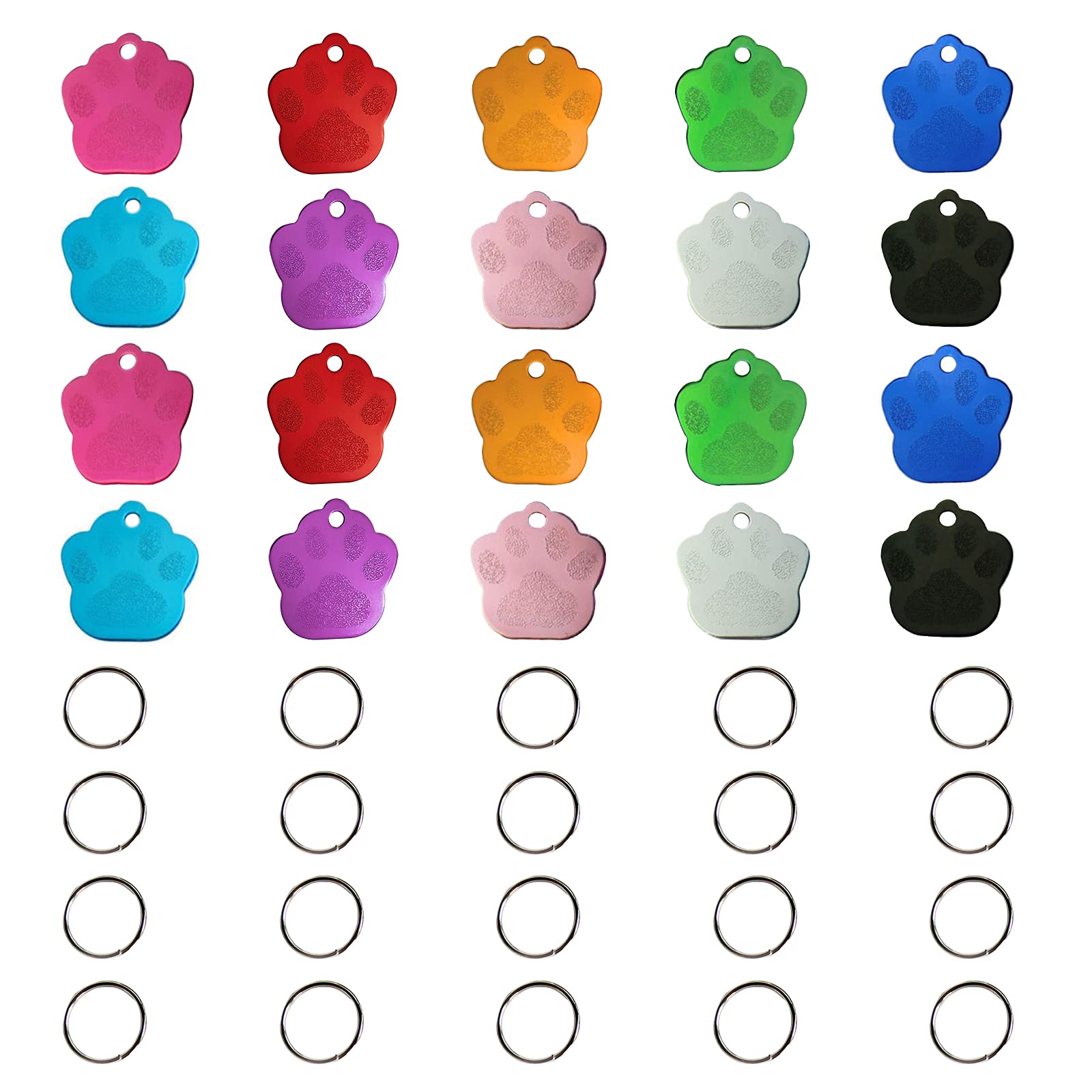 HACRAHO Dog ID Tags, 20 PCS Blank Engraved Dog ID Tags Aluminum Pet Name Phone Number ID Tags with 20 PCS Key Rings, Paw Shape