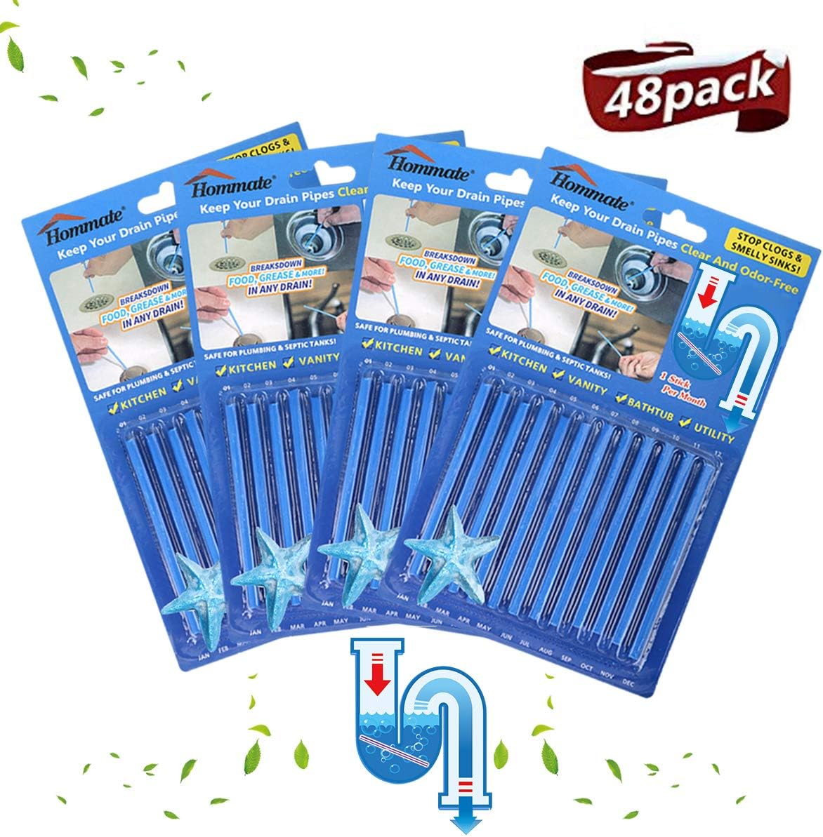 Drain Sticks Drain Cleaner Sticks Drain Deodorizer Sticks for Preventing Clogs Eliminating Smelly Odor Kitchen Bathroom Sink Septic Tank Safe As Seen On TV