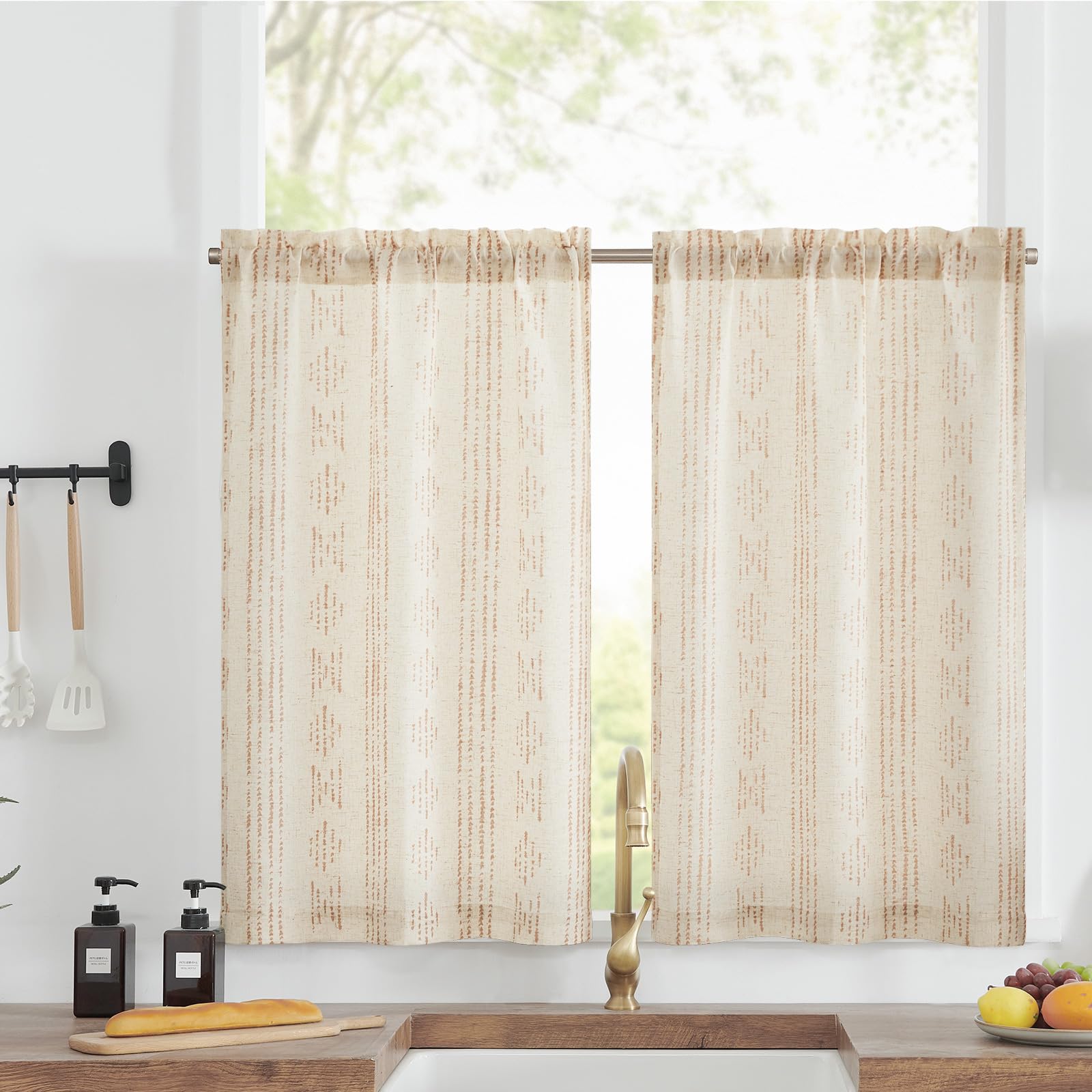 TOPICK Boho Linen Blend Kitchen Curtains 45 Inch Drop Small Cafe Curtains Light Filtering Tier Curtain for Bathroom RV Bedroom Baset Sink Cupboard Rod Pocket Taupe on Beige 2 Panels