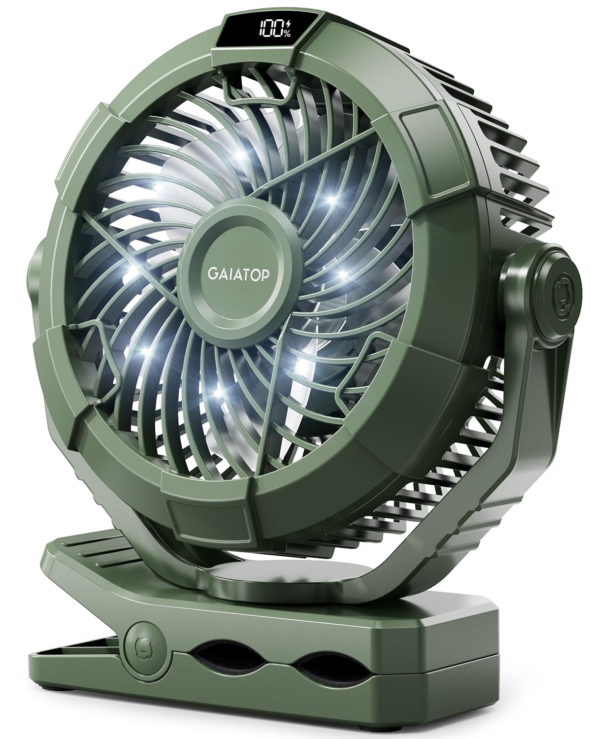 Photo 1 of Gaiatop Portable Camping Fan with LED Lantern, 360°Rotation and Clip on for Desk, 4000mAh USB Rechargeable Battery Powered, Digital Display and Hanging Hook for Tent Outdoor Travel Bedroom Green