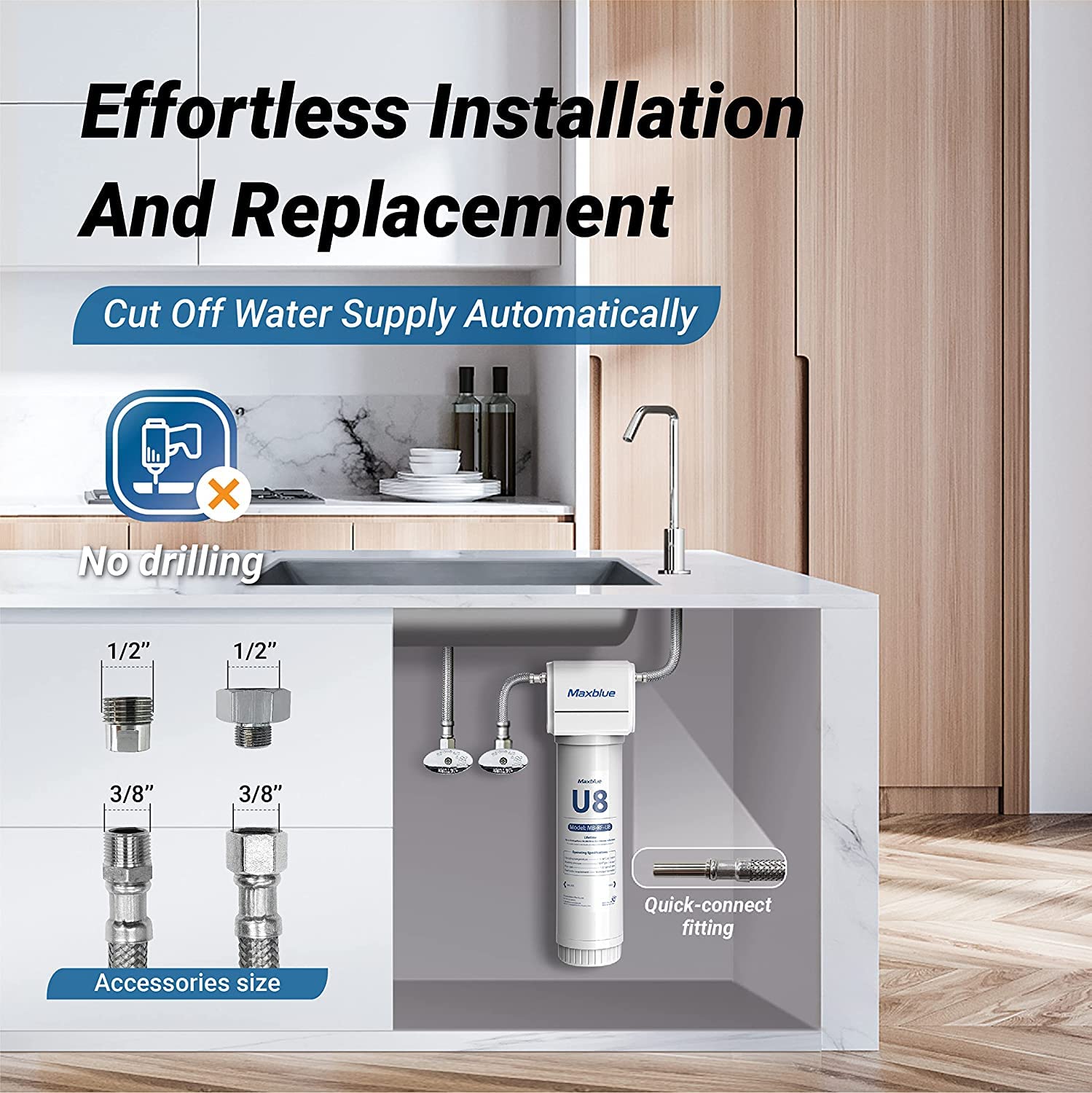 Maxblue U8-ST Under Sink Water Filter System, 2 Years High Capacity, Reduces Lead, Chlorine, Heavy Metals, Bad Taste & Odor, Under Counter Water Filter Direct Connect to Kitchen Faucet, USA Tech