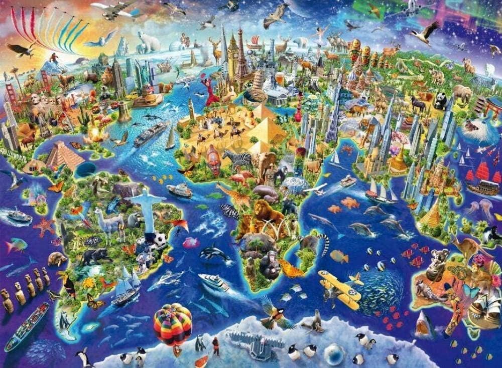 WJPT Rompecabezas 1000 piezas de Madera-Colorful World Map The Version Jigsaw Puzzle White Card Adult Children's Educational Toys
