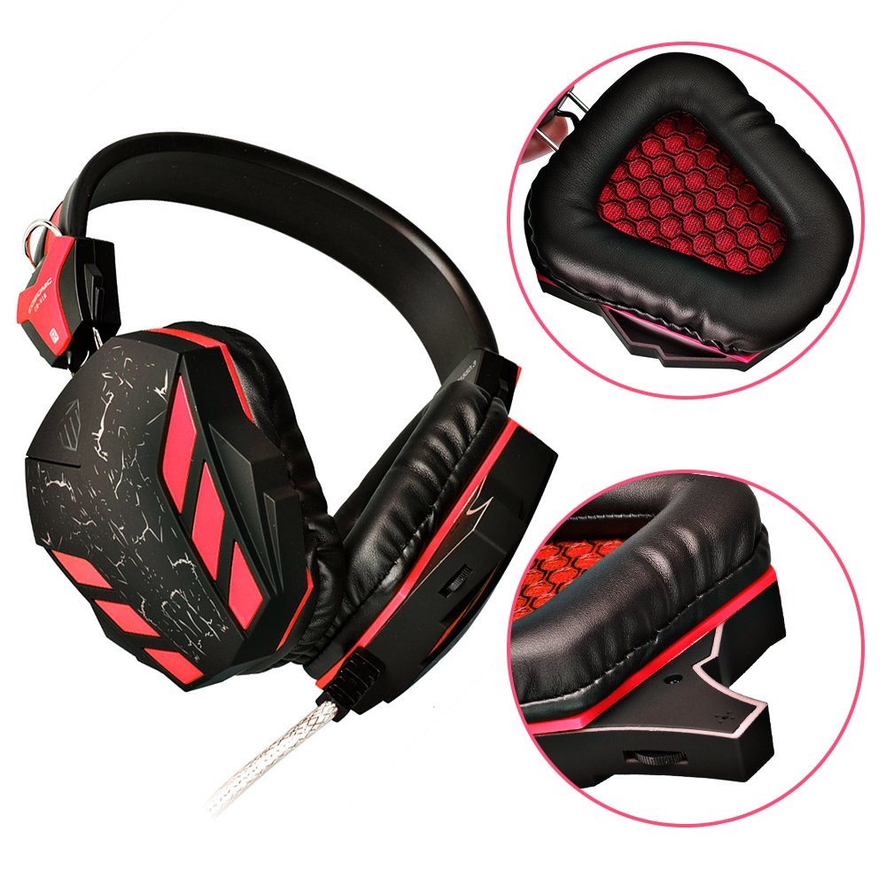 PC Gaming Headset, Topoint Comfortable 3.5mm Stereo Over-ear USB Gaming Headphone with Mic and LED Color Gradient light for Computer/Laptop-Red