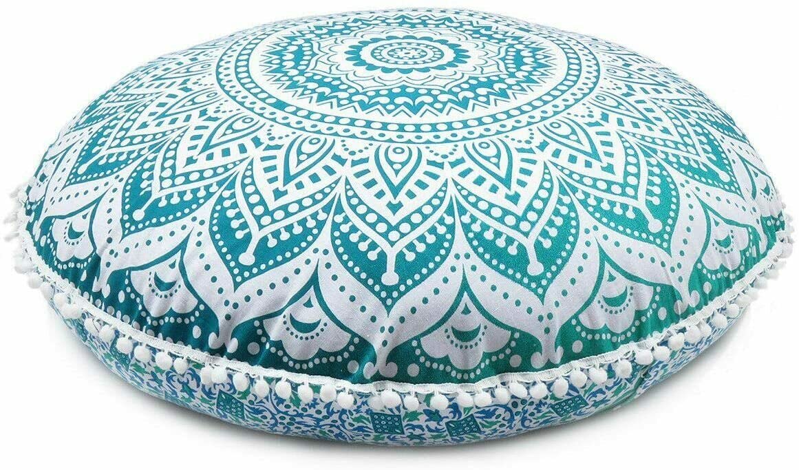 32" Mandala Large Floor Pillow Cover Meditation Cushion Seating Throw Hippie Round Colourful Decorative Bohemian Accent Boho Chic dog bed Indian Pouf Ottoman Handmade COVER ONLY (Ombre-Green)