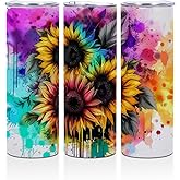 Watercolor Sunflower 20 oz Skinny Tumbler Stainless Steel Slim Insulated Tumblers Straight Water Bottle Coffee Mug Thermal Travel Cup with Lid, Christmas Birthday Sunflower Gifts for Women Friends