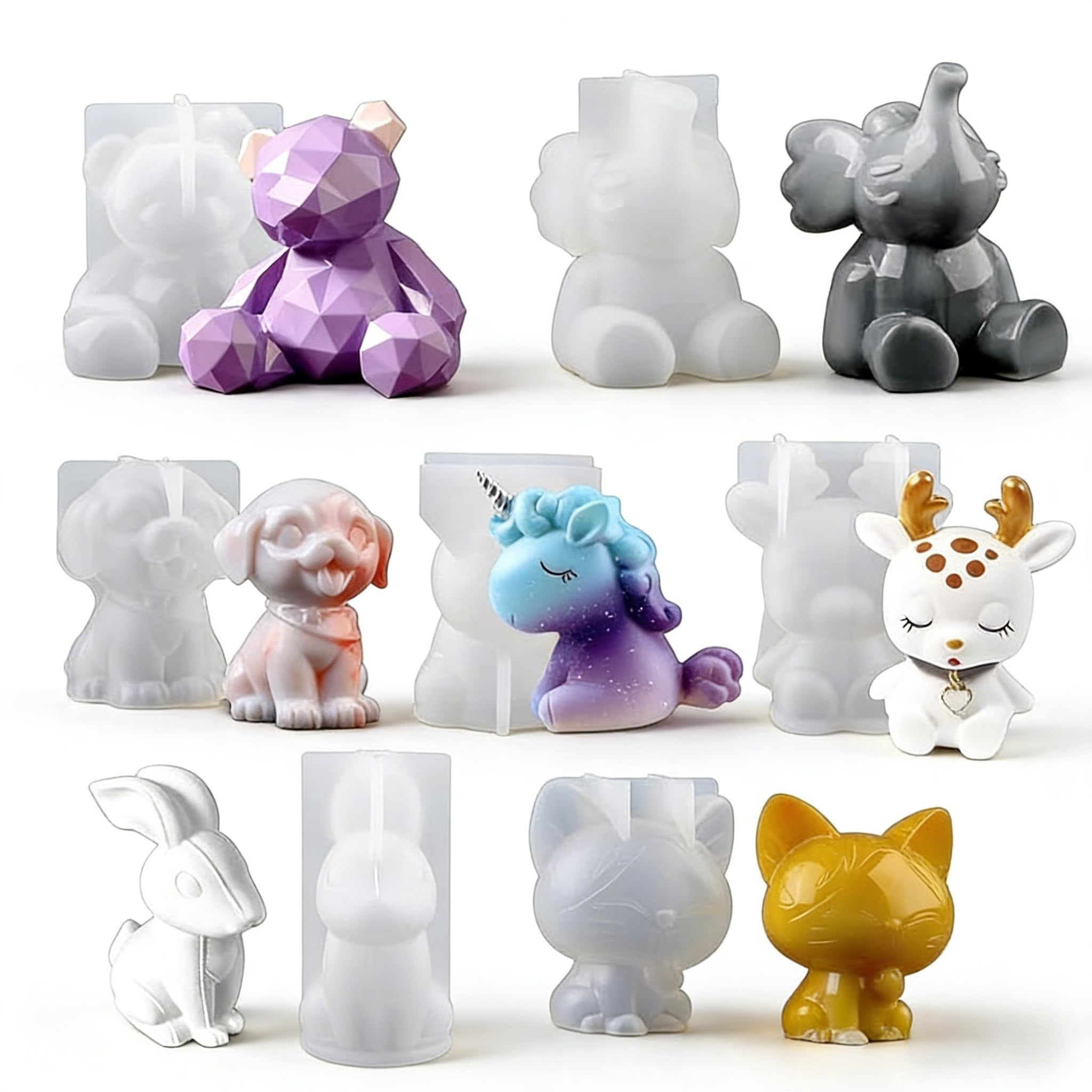 EPODA Animal Resin Moulds Silicone, DIY Craft Molds with Elephant, Unicorn, Bear, Rabbit, Dog, Deer