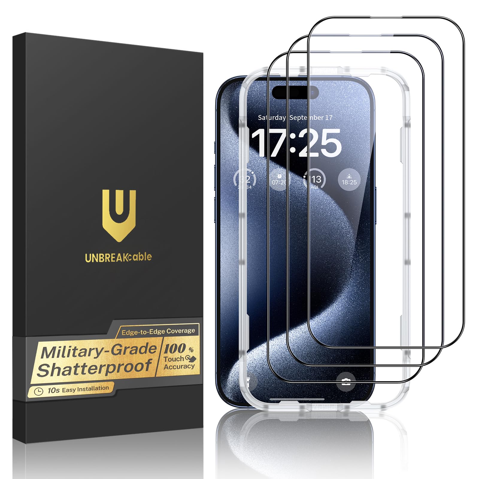 Photo 1 of UNBREAKcable 3-Pack Screen Protector for iPhone 15 Pro Max, Double Shatterproof Tempered Glass [Easy Installation Frame] [HD Clear] [9H Hardness] [Full Coverage] for iPhone 6.7 inch