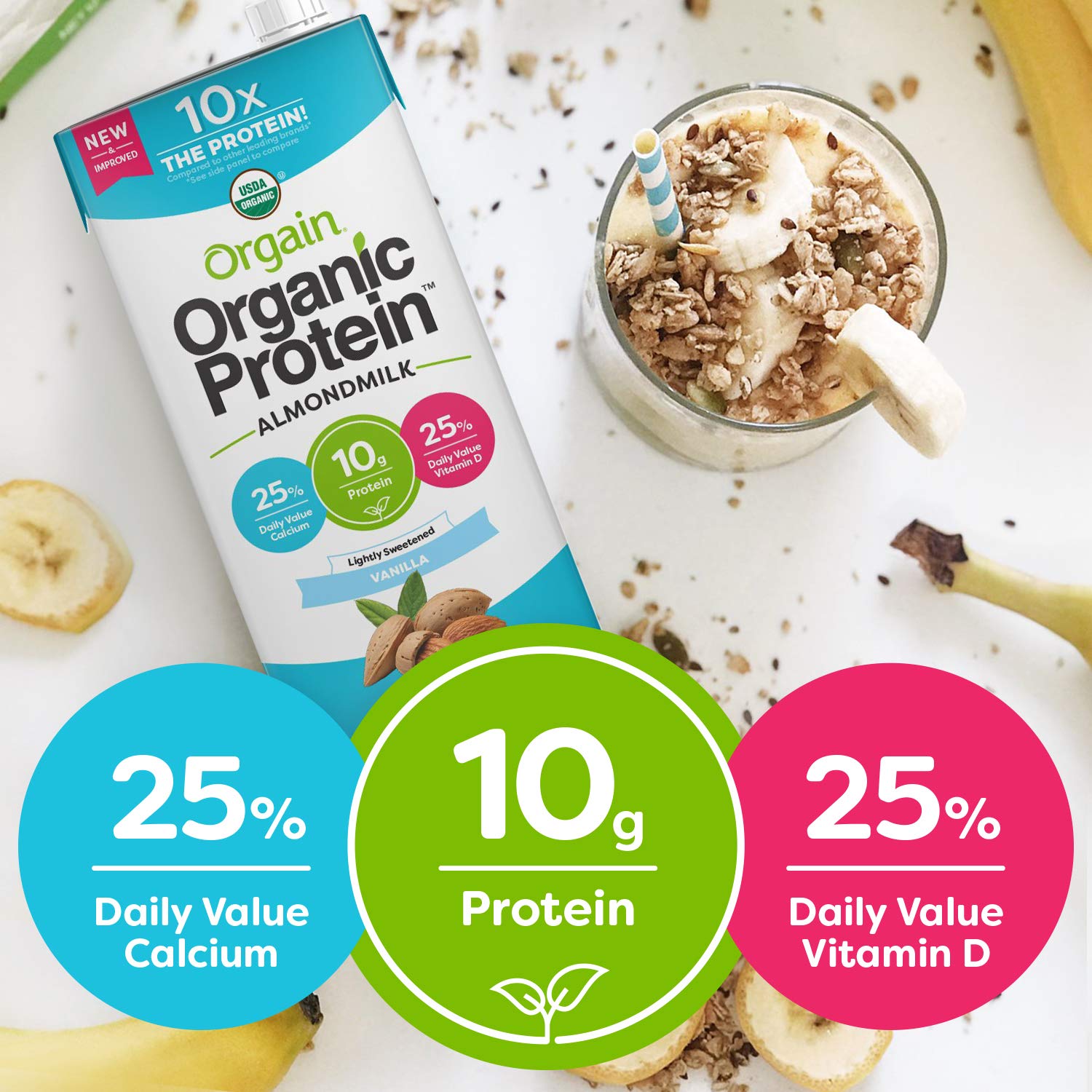 Orgain Organic Plant Based Protein Almond Milk, Lightly Sweetened Non
