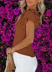SHEWIN Womens Shirts Summer Ruffle Sleeve Crewneck