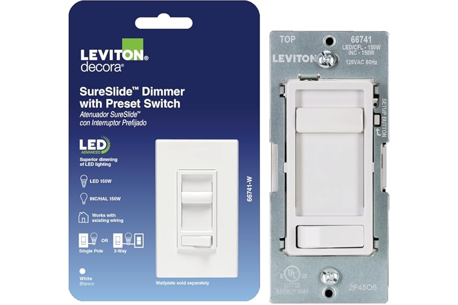 Leviton SureSlide LED Advanced Dimmer Switch for 150W Dimmable LED, Halogen and Incandescent Bulbs and Fixtures, 66741-W, White