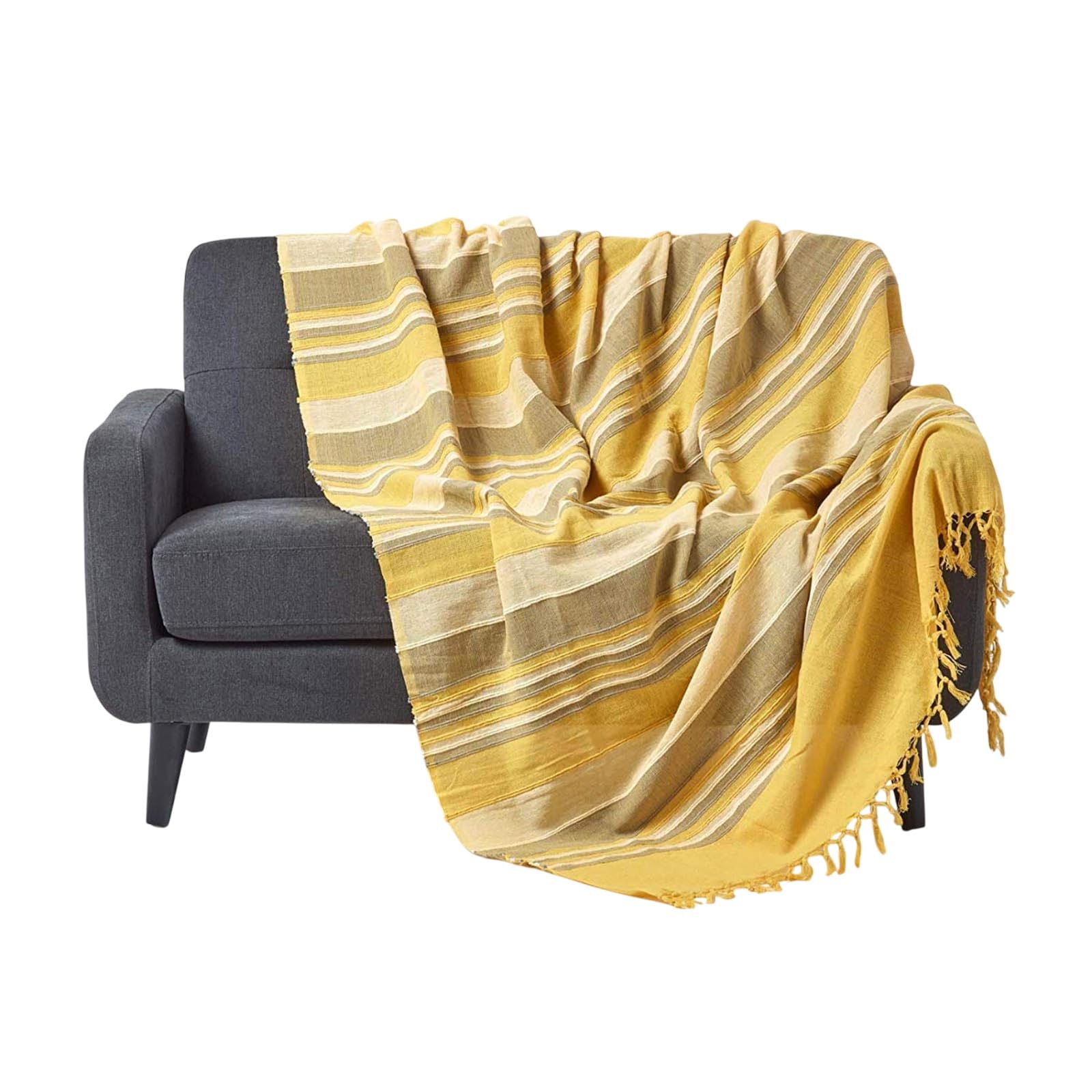 HOMESCAPES Yellow Throw “Morocco” Cotton Textured Stripe Throw 150 x 200 cm Bedspread Sofa Throw Handmade Suitable for Armchairs and 2 Seater Sofas or Single and Double Beds Machine Washable