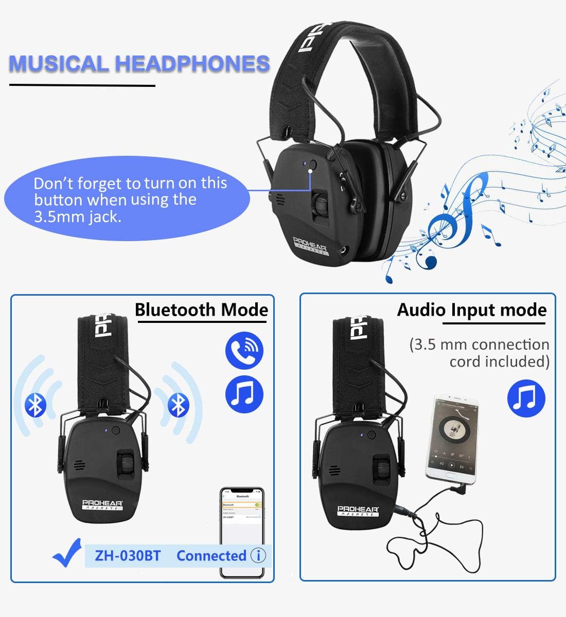 PROHEAR 030 Electronic Shooting Ear Protection Muffs with Bluetooth, Sound Amplification Noise Reduction Hearing Protector for Hunting, Great Ideas for Dad - Black: Home Improvement